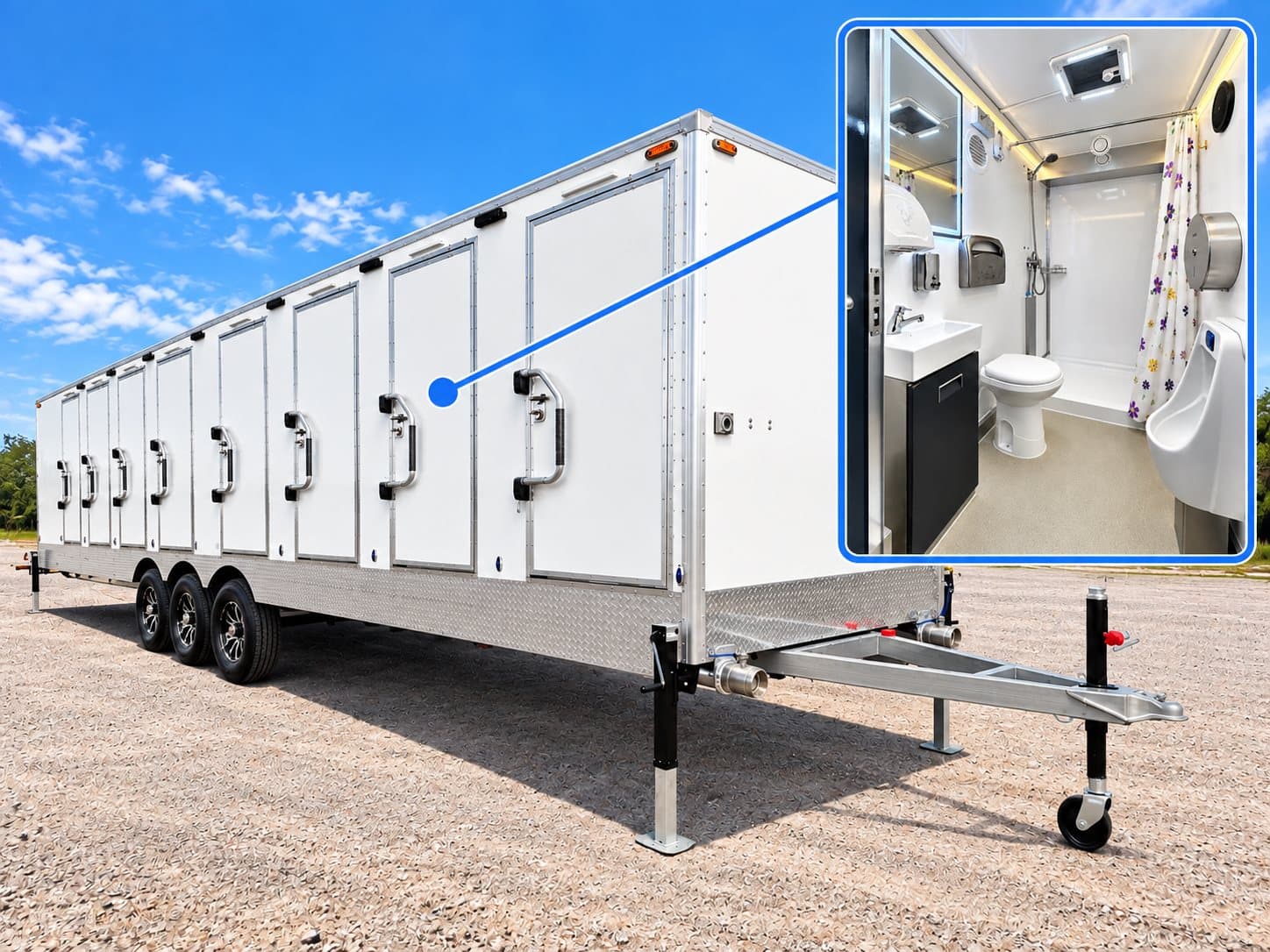 Eight-stall ADA shower and restroom combination trailer with an interior inset