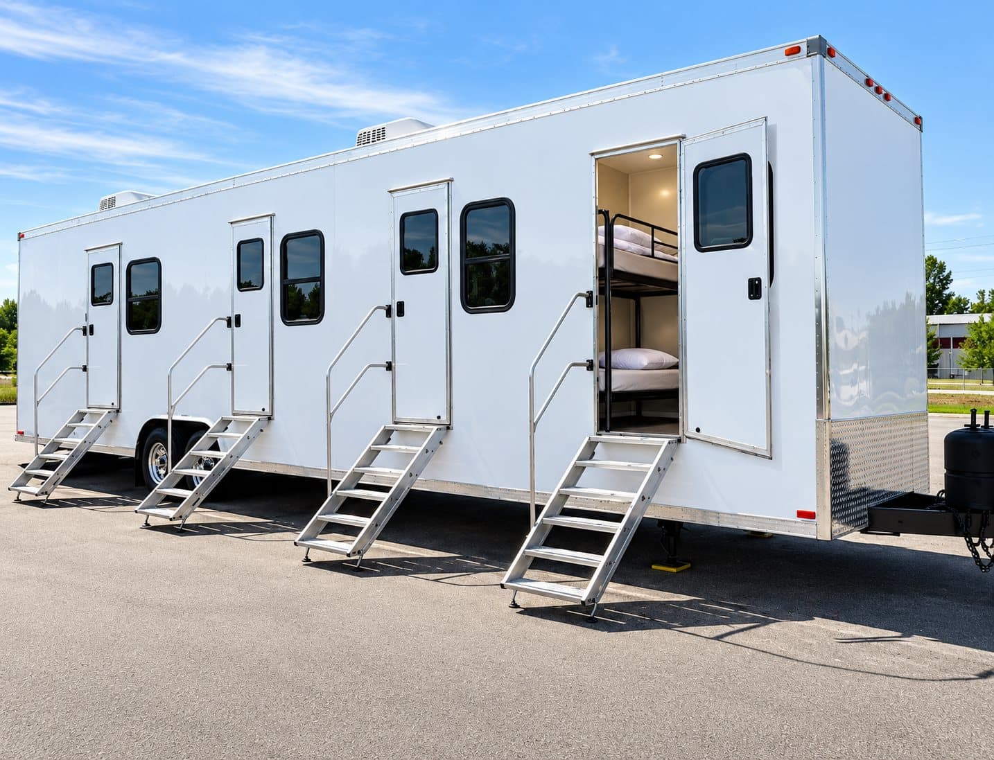 20 ft VIP accommodation trailer with steps to each bunk room door